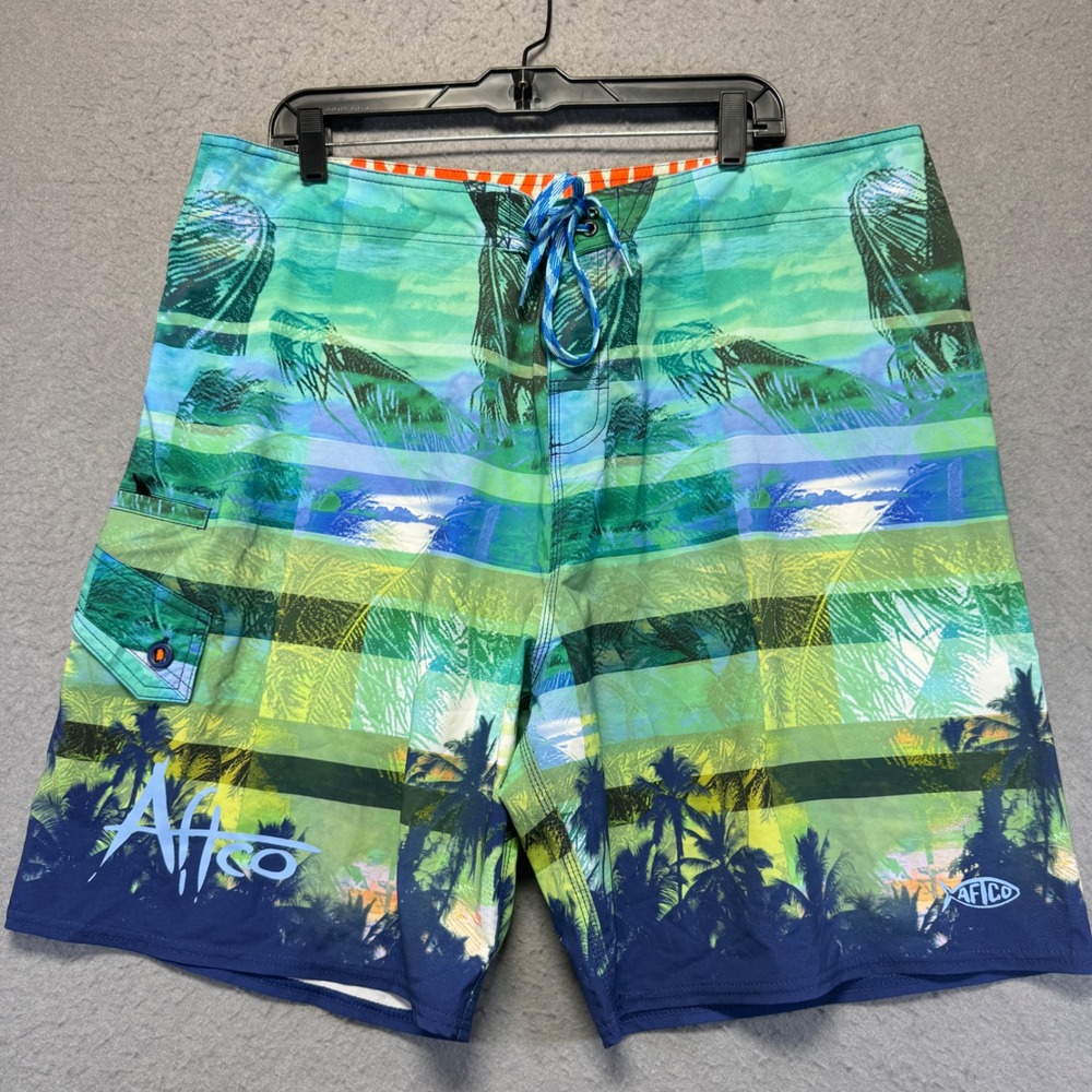 Aftco Mens Board‎ Shorts Size 40X8 Tropical Palm Tree Stripe Print Swim Trunks